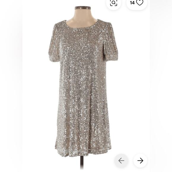 Size S Blush Silver Sequins Cocktail Dress Midi Sparkly Short cap sleeve Festive - Picture 10 of 10
